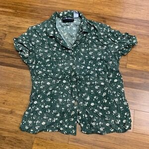 Vintage Sag‎ Harbor Petite Green Floral Short Sleeve Button Up Shirt Size Medium